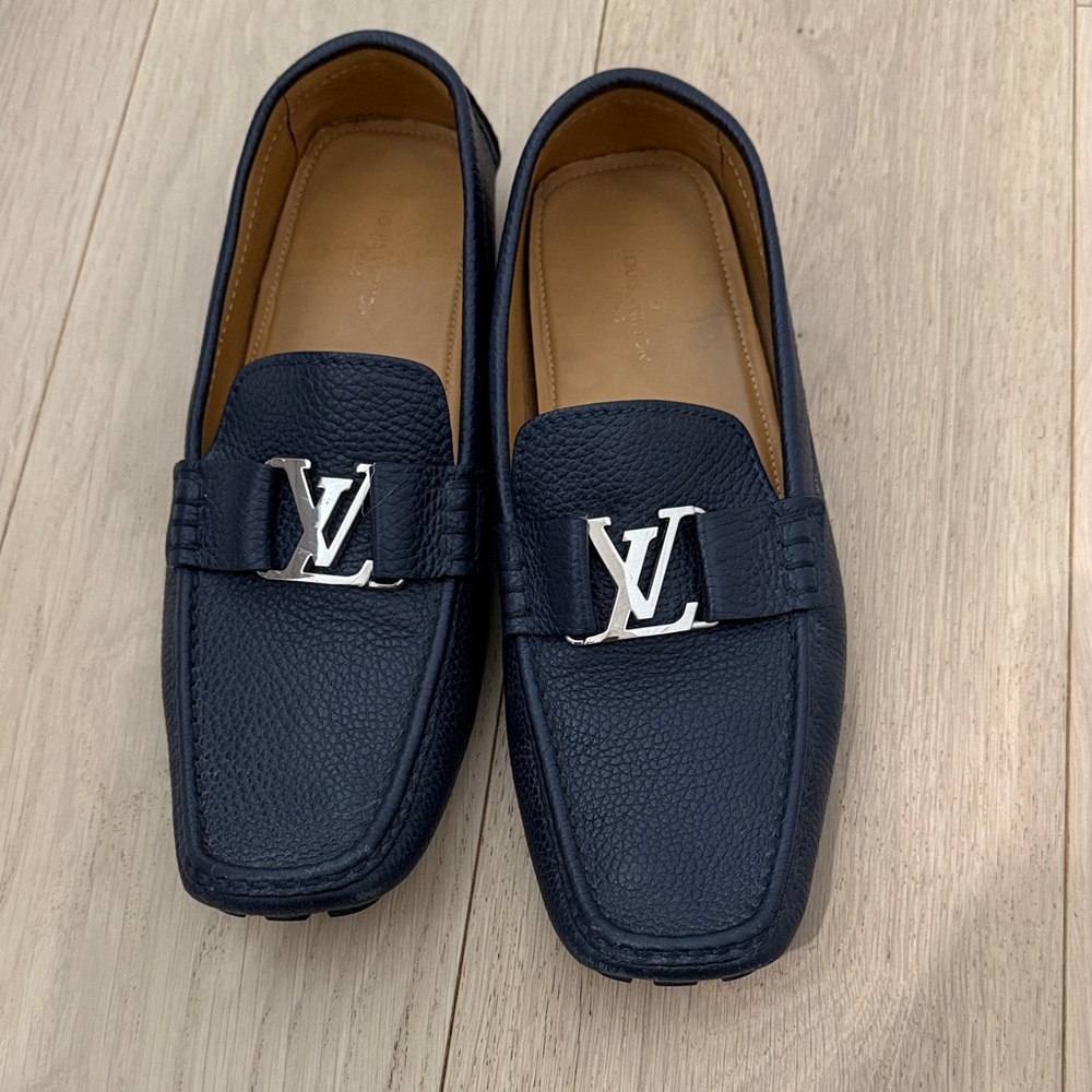 Louis Vuitton Men's Dark Blue Loafers with Silver Accent